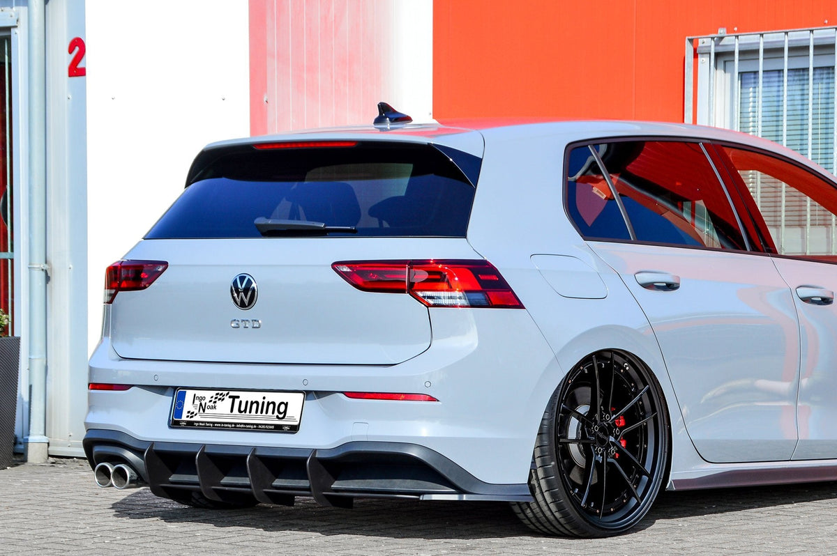 Gefräster Heckansatz mit Seitenteilen für VW Golf 8 GTD, Ingo Noak Tuning, schwarze Kunststoffoptik, sportliches Design