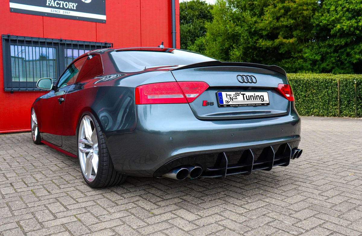 Gefräßter Heckansatz aus ABS mit Finnen für Audi S5 B8, schwarz, passgenau, von Ingo Noak Tuning, sportliches Autodesign