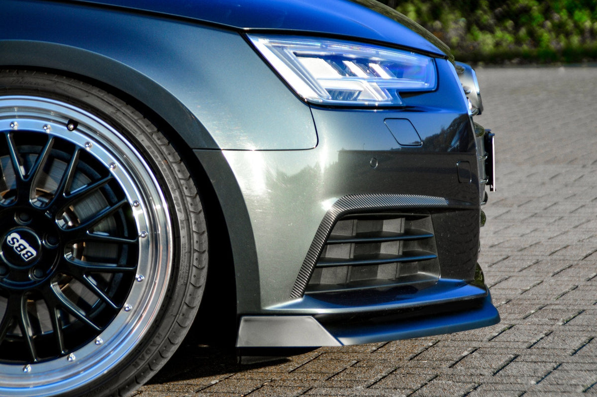 Frontspoilerlippe mit Wings für Audi A4 B9 ab 2015-2019, Ingo Noak Tuning, schwarze Kunststoffstoßstange, sportliches Design
