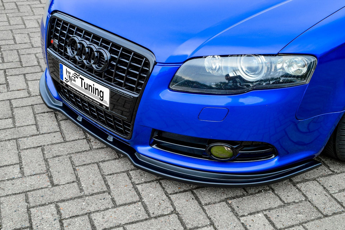 Frontspoilerlippe V2 für Audi A4 B7 Avant S-Line, schwarze Tuning-Frontlippe von Ingo Noak Tuning, sichtbare Details.